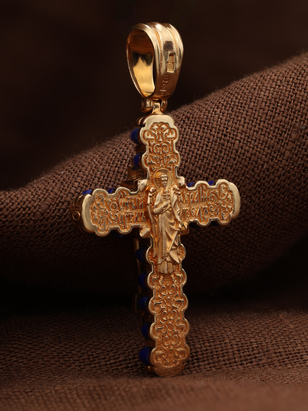 Крест из красного золота 585 пробы c лазуритом