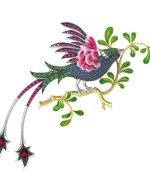 Брошь из белого золота c эмалью, фианитом и гранатом