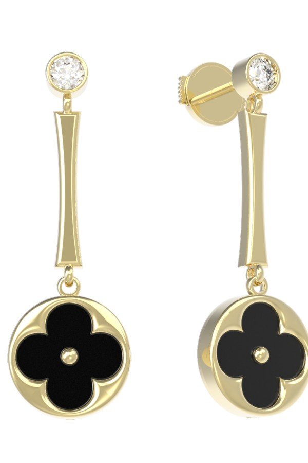 Серьги из лимонного золота c фианитом и ониксом