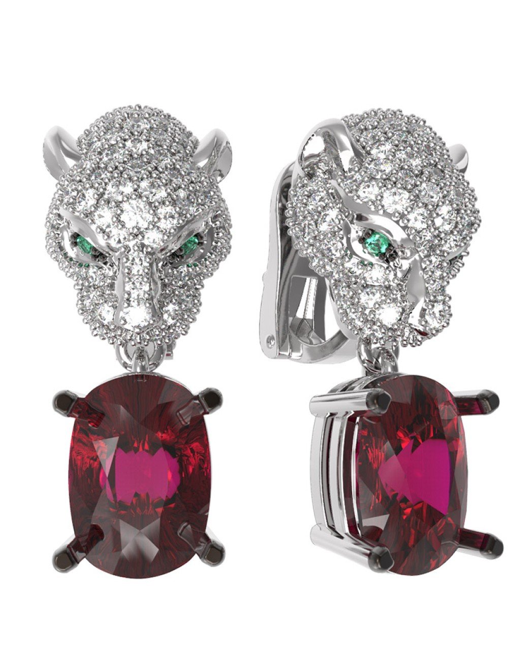 Серьги из белого золота c бриллиантами, рубином и изумрудом