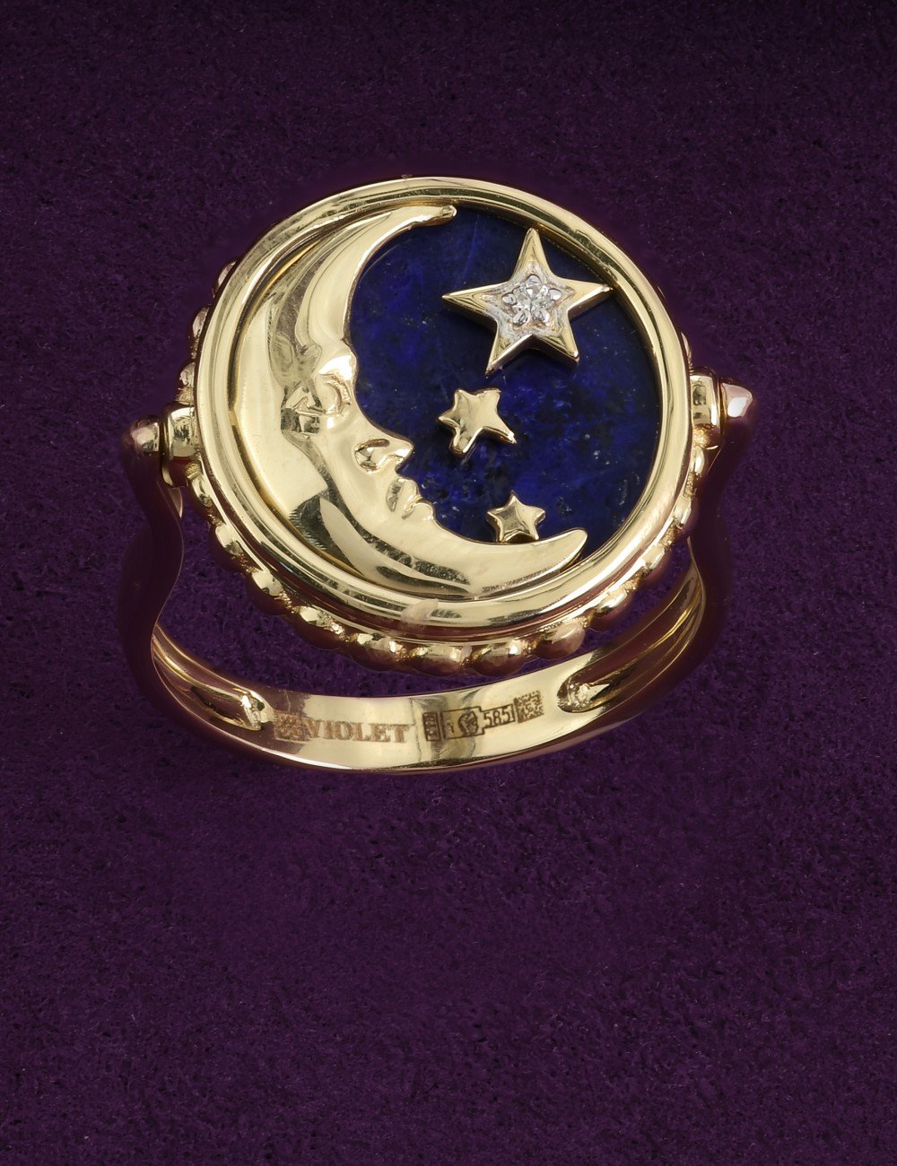 Кольцо из лимонного золота c бриллиантами, лазуритом и перламутром