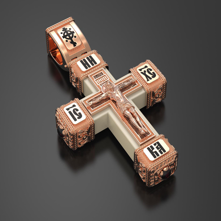 Крест из красного золота 585 пробы c эмалью, рубином и бивнем мамонта