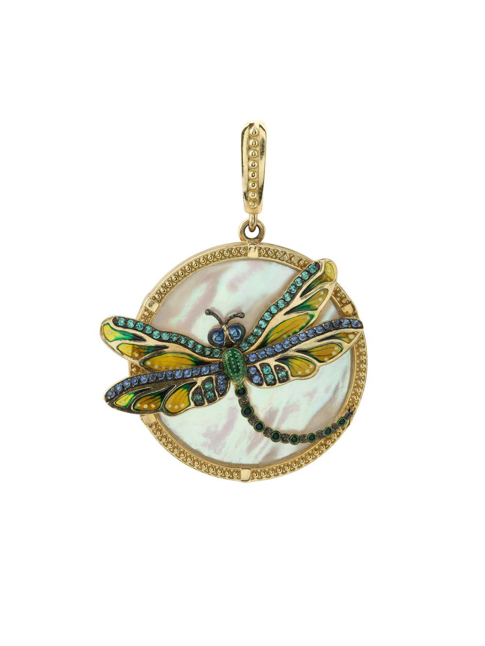 Подвеска из лимонного золота 585 пробы c сапфиром, изумрудом, эмалью и перламутром