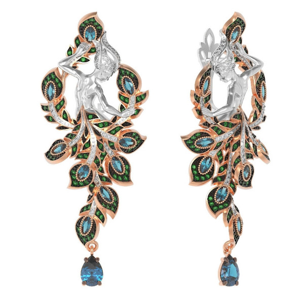 Серьги из красного золота 585 пробы c фианитом и топазом London Blue