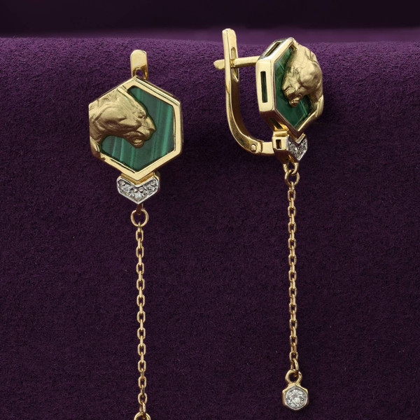 Серьги из лимонного золота 585 пробы c бриллиантами и малахитом