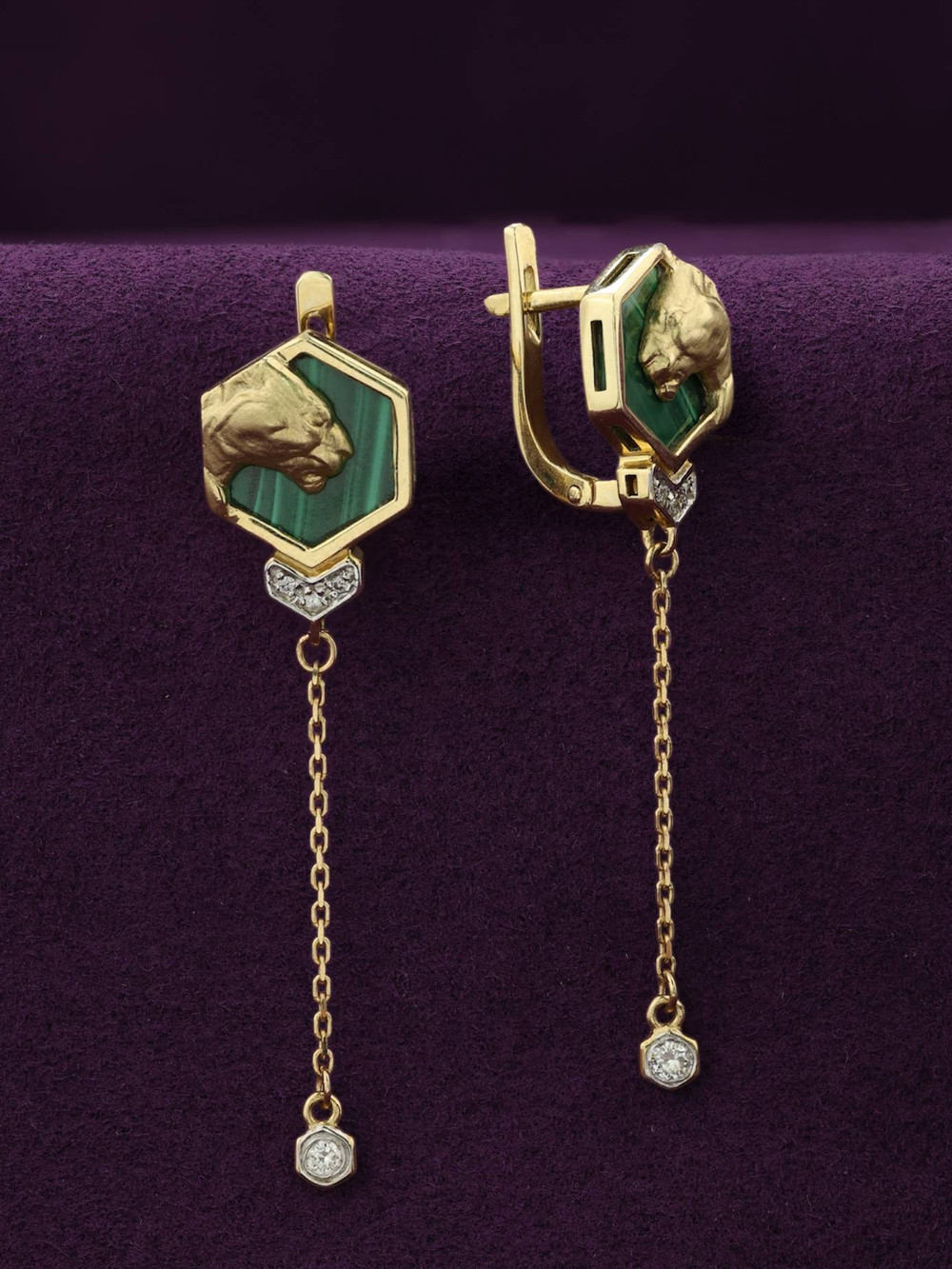 Серьги из лимонного золота 585 пробы c бриллиантами и малахитом