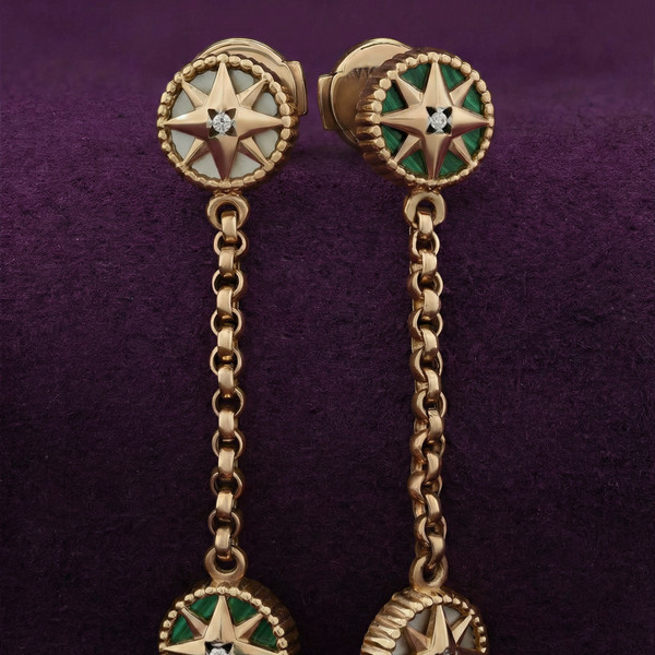 Серьги из красного золота 585 пробы c бриллиантами, малахитом и перламутром