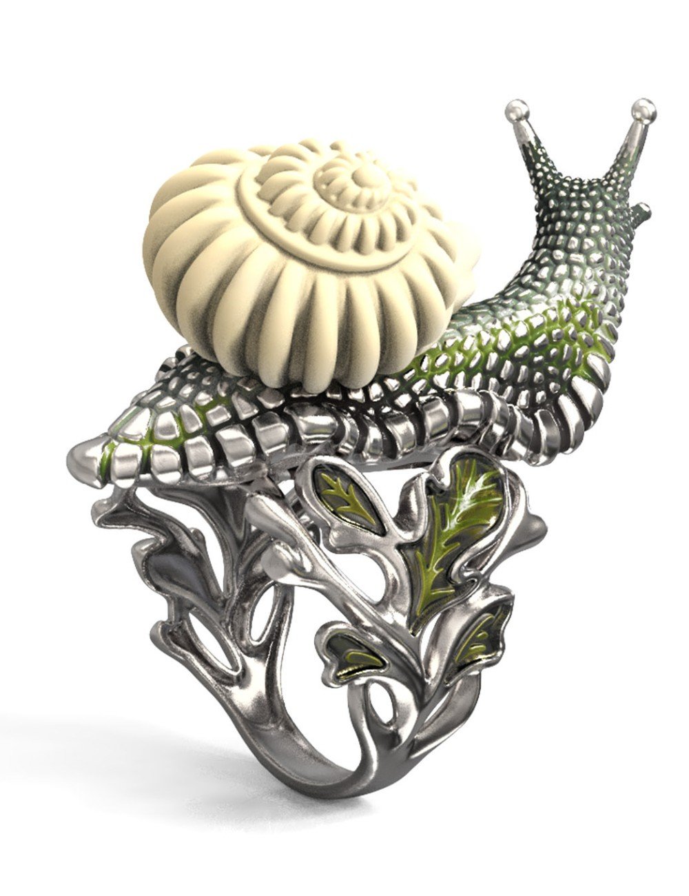 Кольцо из белого золота c эмалью и бивнем мамонта