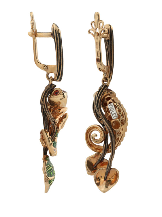 Серьги из красного золота 585 пробы c эмалью и гранатом