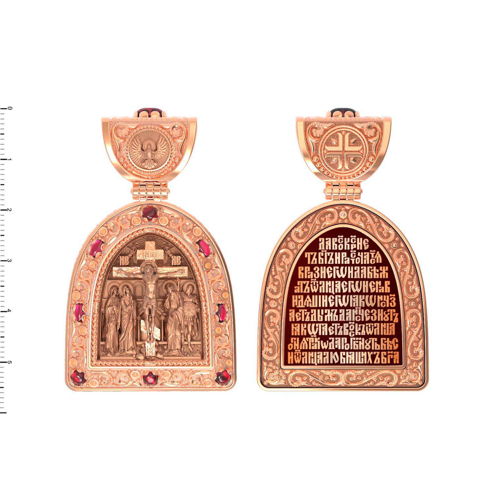 Нательная икона из красного золота 585 пробы c эмалью и рубином
