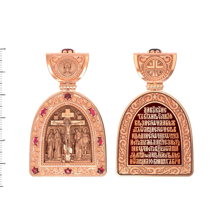 Нательная икона из красного золота 585 пробы c эмалью и рубином