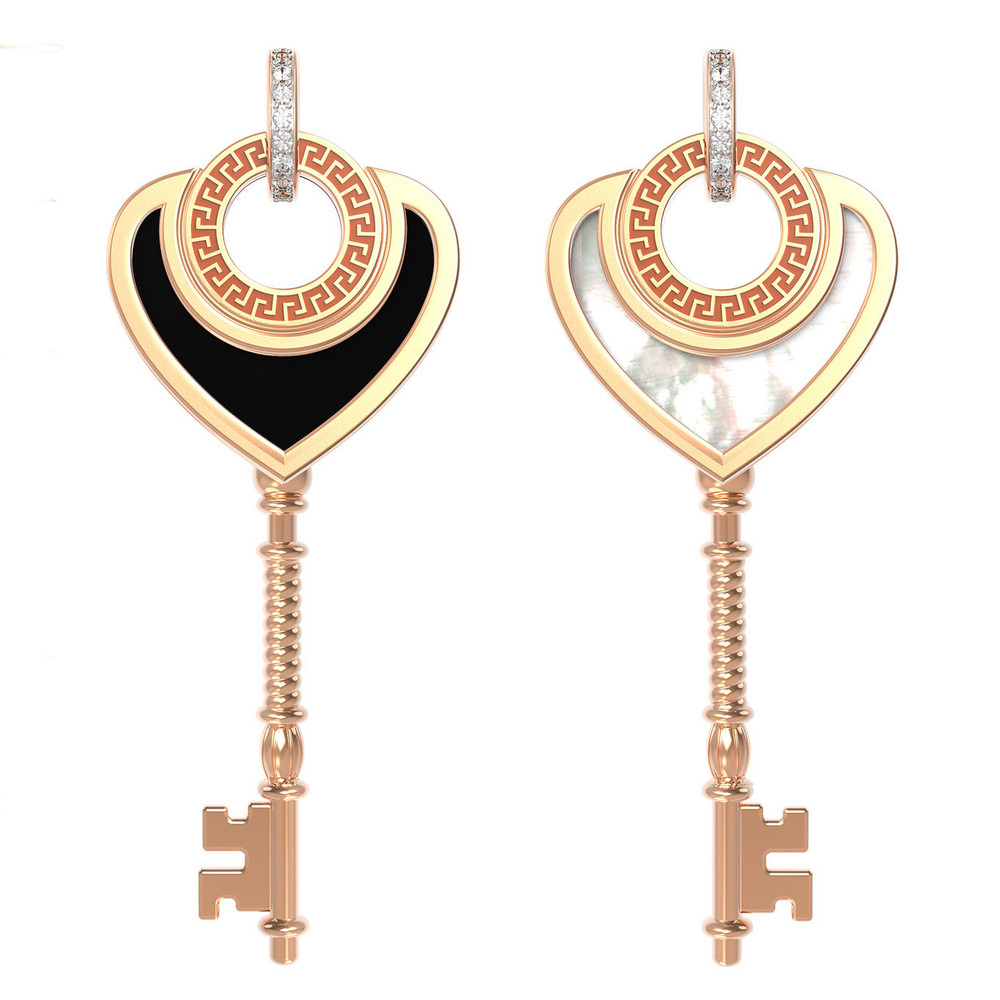 Подвеска из красного золота 585 пробы c фианитом, ониксом и перламутром