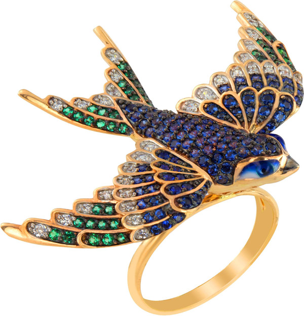 Кольцо из лимонного золота 585 пробы c эмалью и фианитом