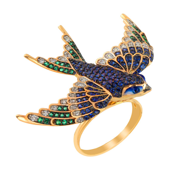 Кольцо из лимонного золота 585 пробы c эмалью и фианитом