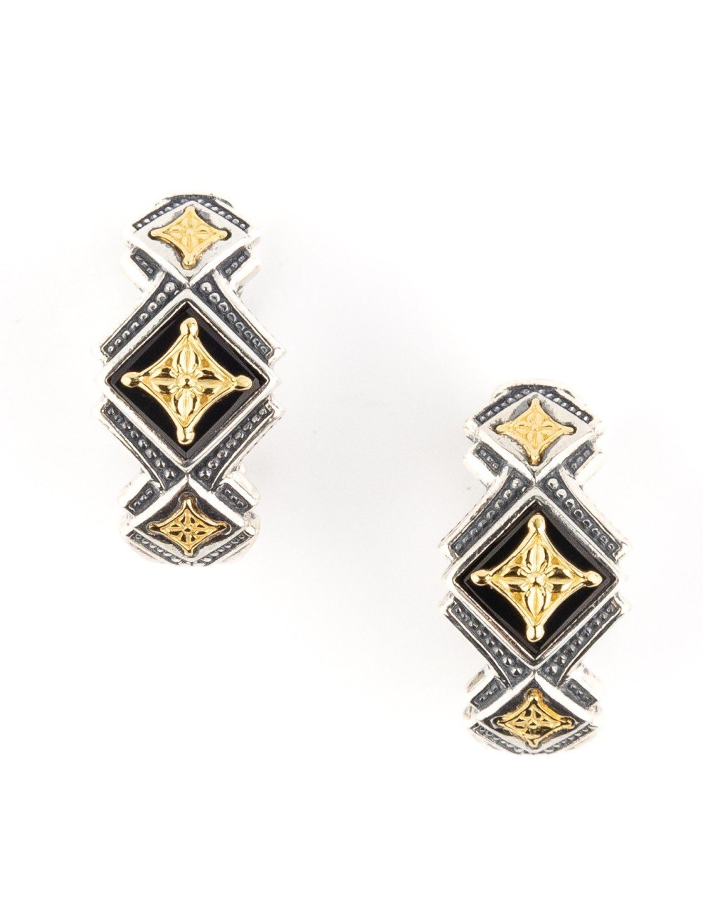 Серьги из серебра и золота c ониксом и рубином