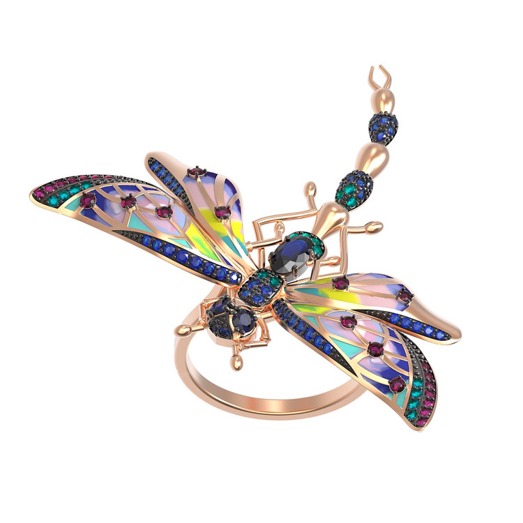 Кольцо из красного золота 585 пробы c фианитом, рубином, сапфиром и эмалью