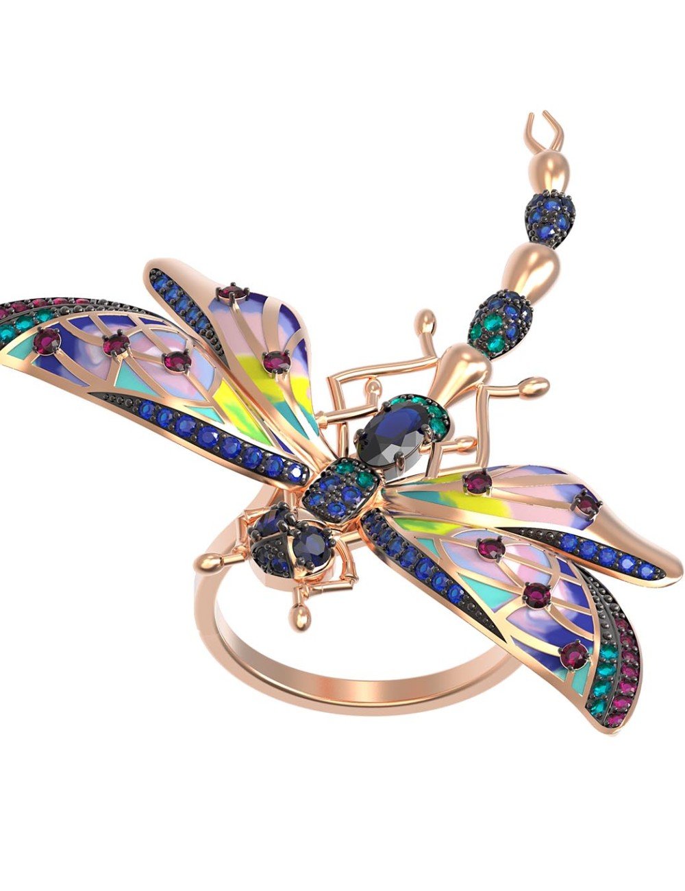 Кольцо из золота c фианитом, рубином, сапфиром и эмалью