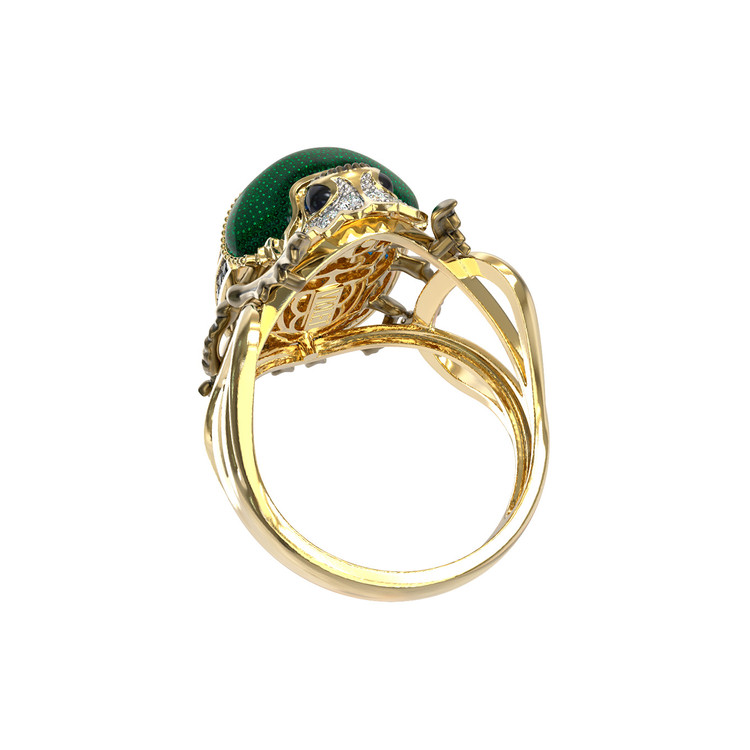 Кольцо из лимонного золота 585 пробы c эмалью, фианитом и турмалином