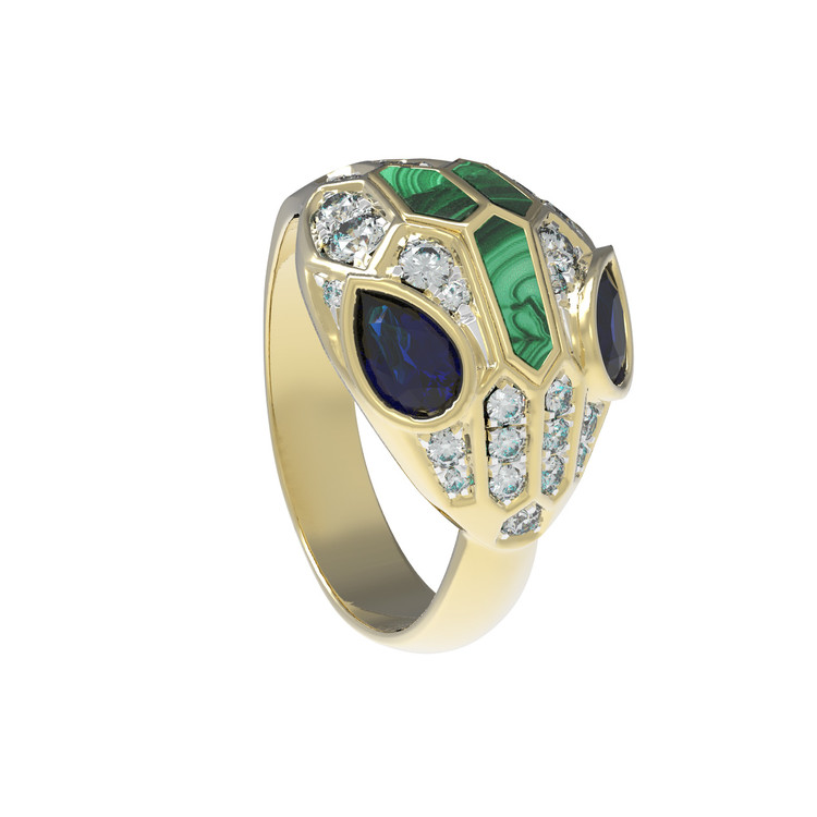 Кольцо из лимонного золота 585 пробы c бриллиантами, сапфиром и малахитом