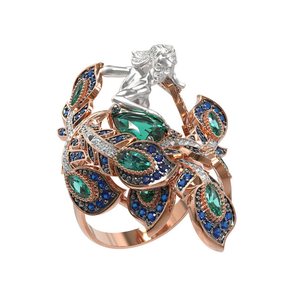 Кольцо из красного золота 585 пробы c фианитом и хризопразом