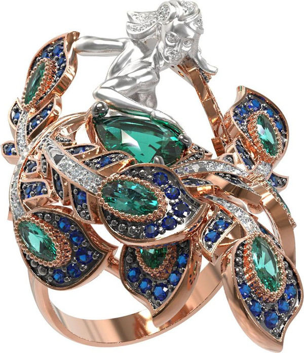 Кольцо из красного золота 585 пробы c фианитом и хризопразом