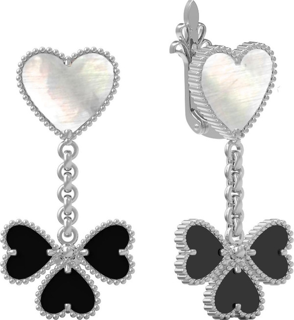 Серьги из белого золота 585 пробы c ониксом и перламутром