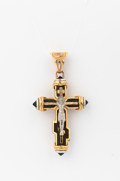 Крест из красного золота 585 пробы c ониксом и эбеновым деревом