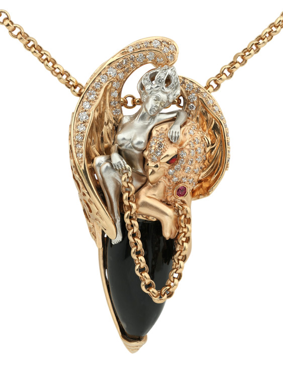 Колье из красного золота 585 пробы c эмалью, бриллиантами, рубином, ониксом и рубином