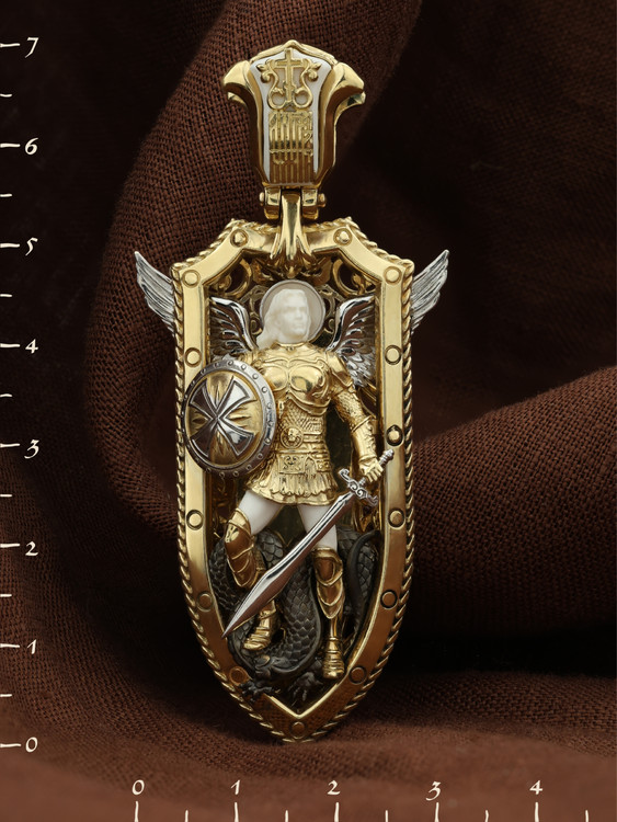 Нательная икона из лимонного золота 585 пробы c эмалью и бивнем мамонта