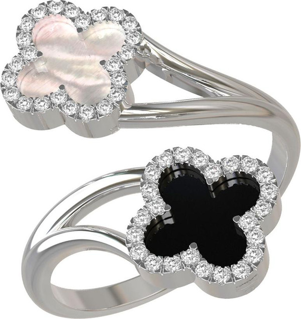 Кольцо из белого золота 585 пробы c бриллиантами, ониксом и перламутром