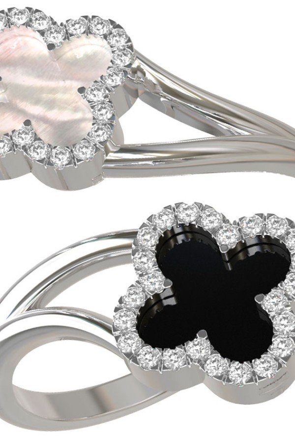 Кольцо из белого золота c бриллиантами, ониксом и перламутром