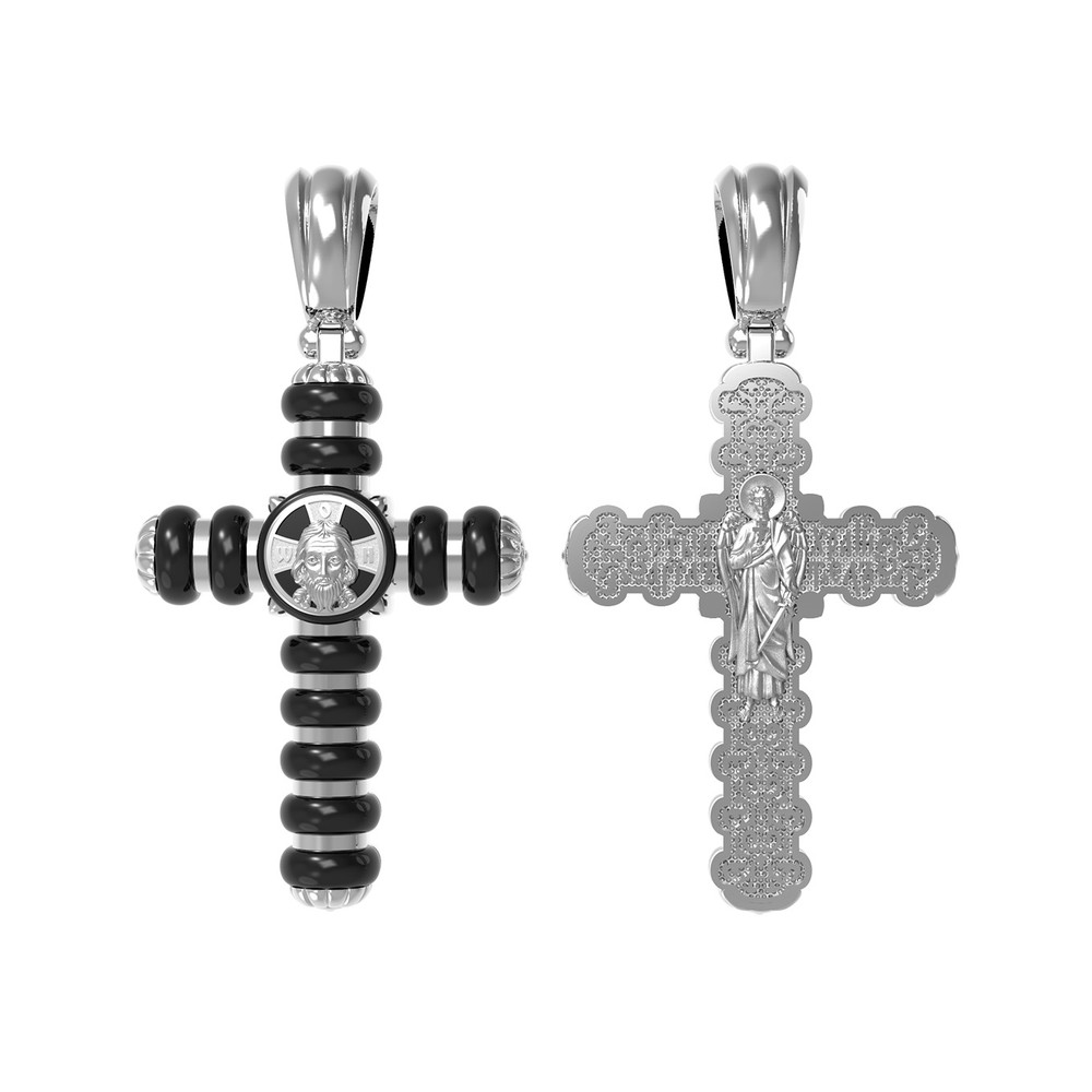 Крест из белого золота 585 пробы c ониксом