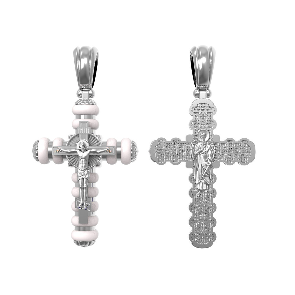 Крест из белого золота 585 пробы c кахолонгом