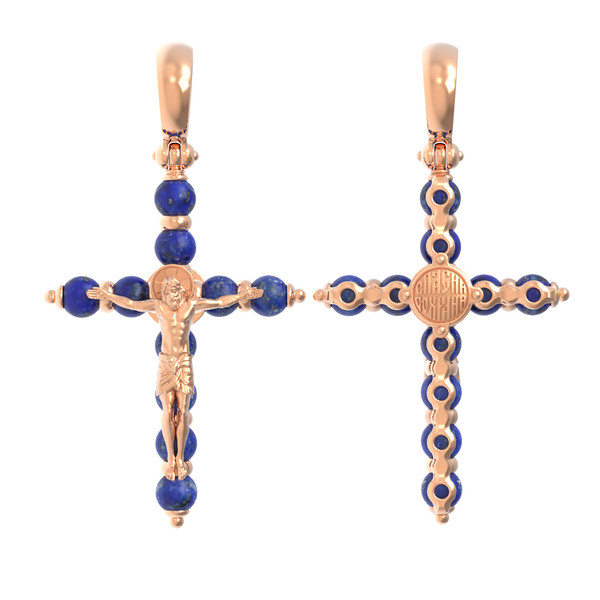 Крест из красного золота 585 пробы c лазуритом