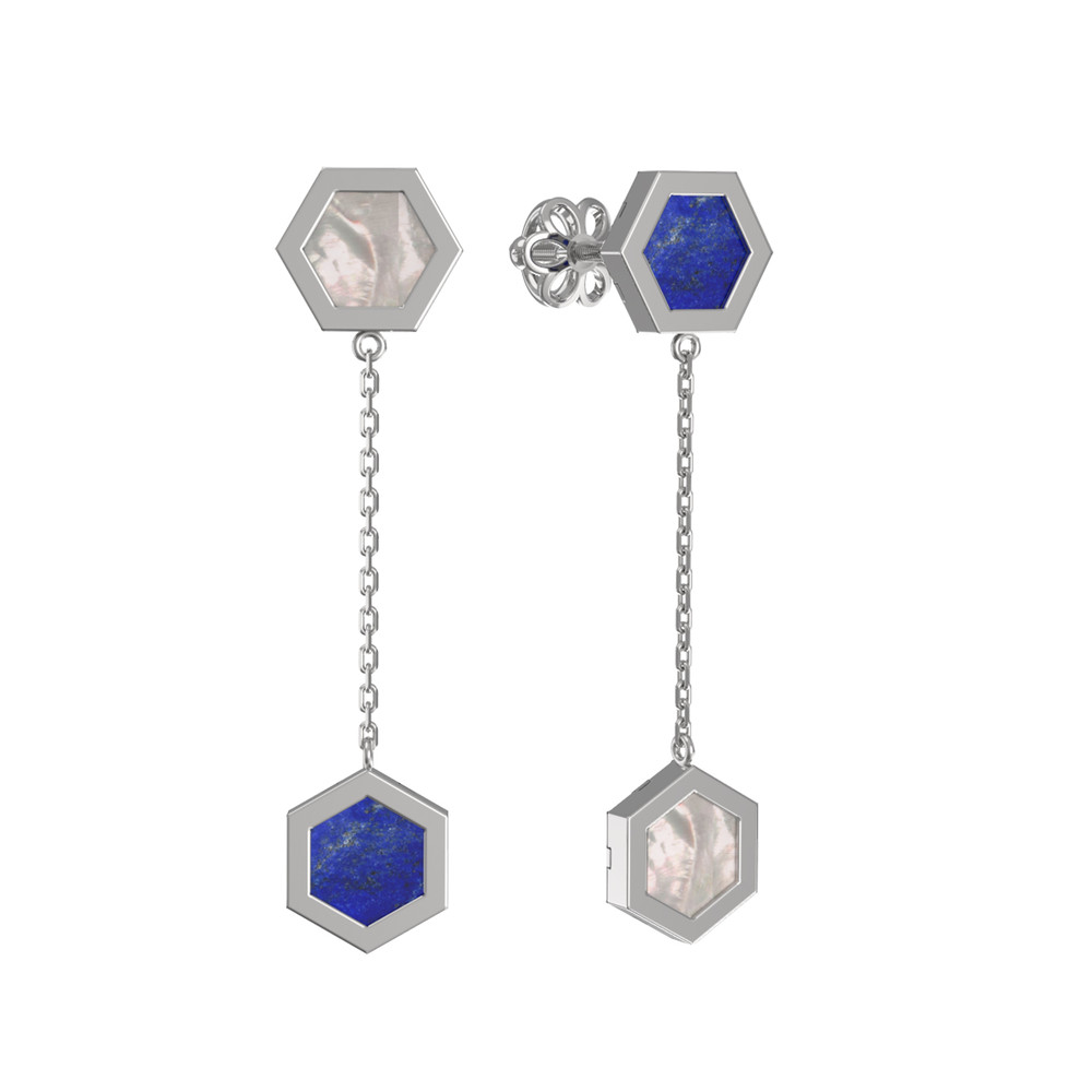 Серьги из белого золота 585 пробы c лазуритом и перламутром