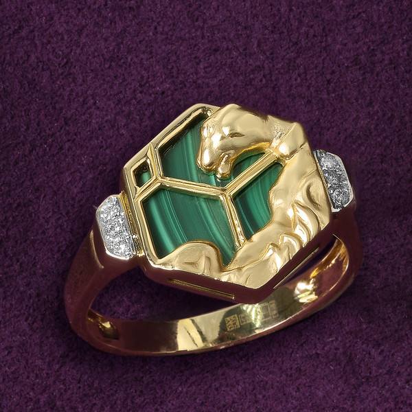 Кольцо из лимонного золота 585 пробы c бриллиантами и малахитом