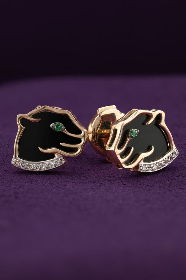 Серьги из красного золота 585 пробы c бриллиантами, изумрудом и ониксом