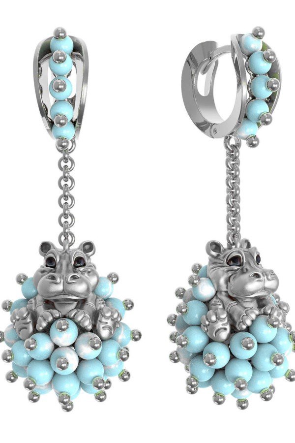 Серьги из белого золота c эмалью и бирюзой