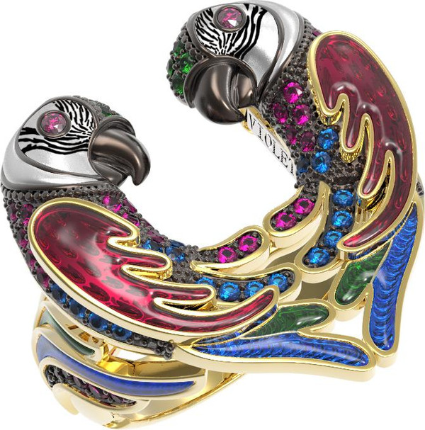 Кольцо из лимонного золота 585 пробы c эмалью и фианитом