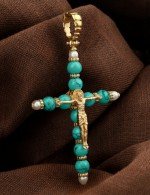 Крест из лимонного золота c жемчугом и бирюзой