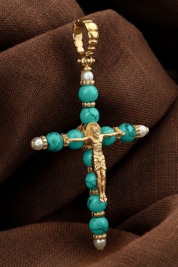 Крест из лимонного золота c жемчугом и бирюзой