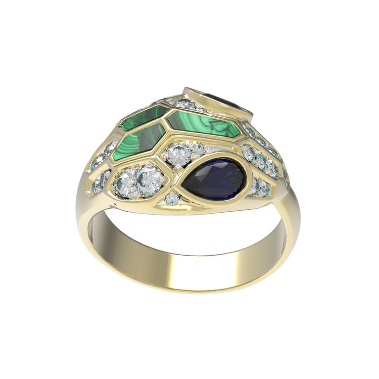 Кольцо из лимонного золота 585 пробы c бриллиантами, сапфиром и малахитом