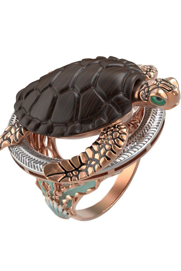 Кольцо из золота c эмалью и железным деревом