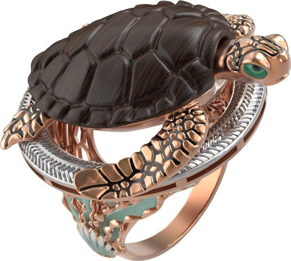 Кольцо из золота c эмалью и железным деревом