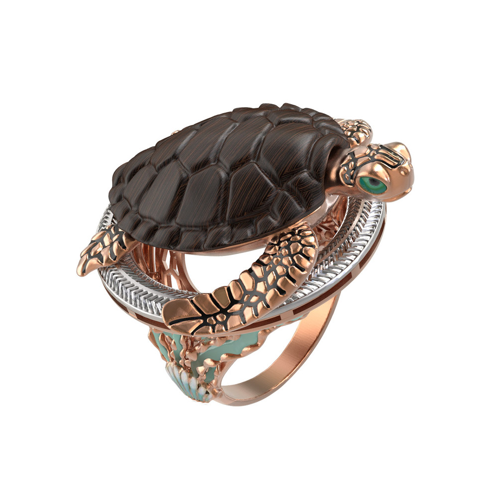 Кольцо из красного золота 585 пробы c эмалью и железным деревом