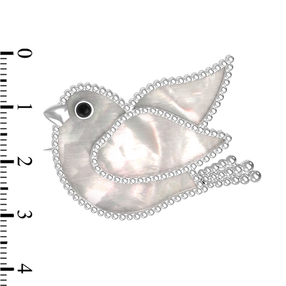 Брошь из белого золота 585 пробы c эмалью и перламутром