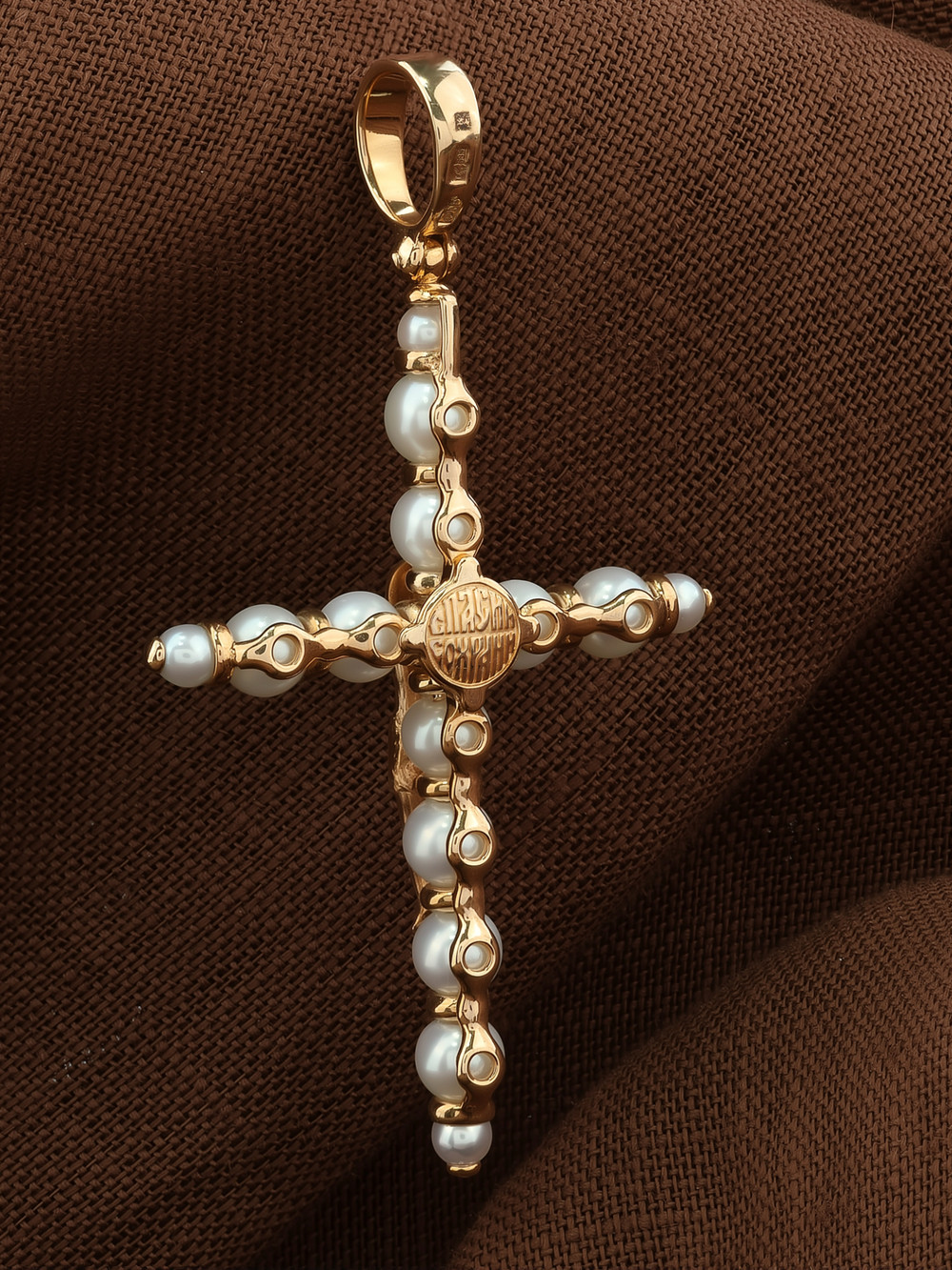 Крест из красного золота 585 пробы c жемчугом