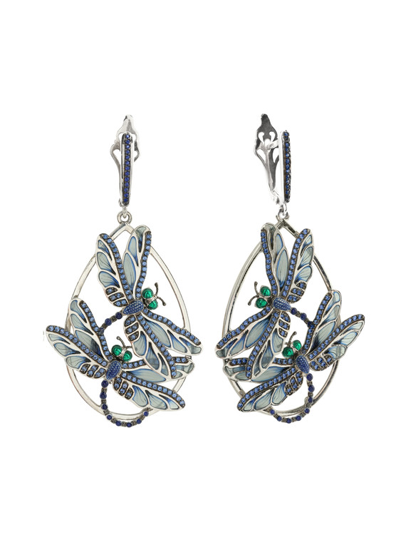 Серьги из белого золота 585 пробы c сапфиром и эмалью