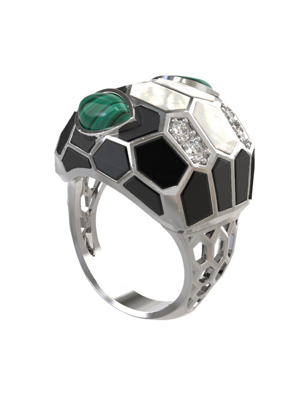 Кольцо из белого золота c бриллиантами, рубином, ониксом, малахитом и перламутром