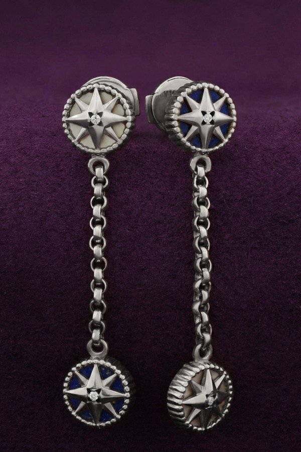 Серьги из белого золота c бриллиантами, лазуритом и перламутром